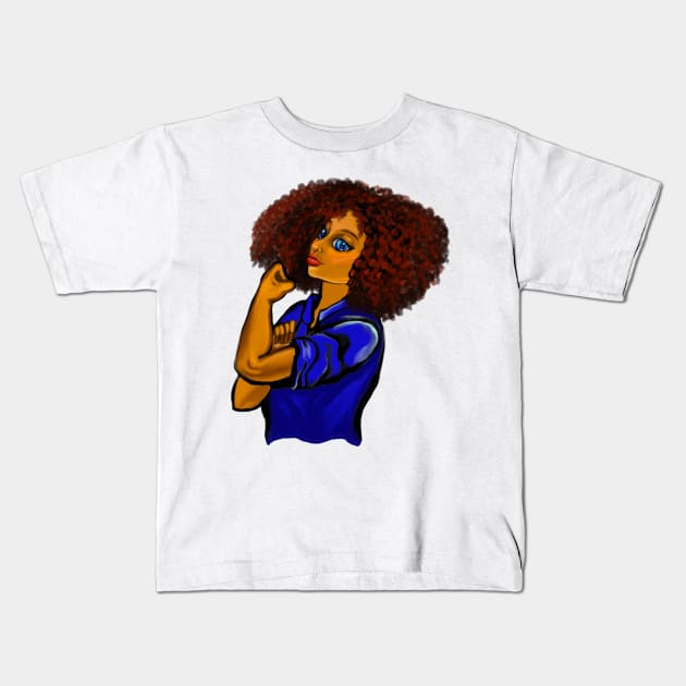 Anime Afro anime strong woman with afro and blue eyes Kids T-Shirt by Artonmytee